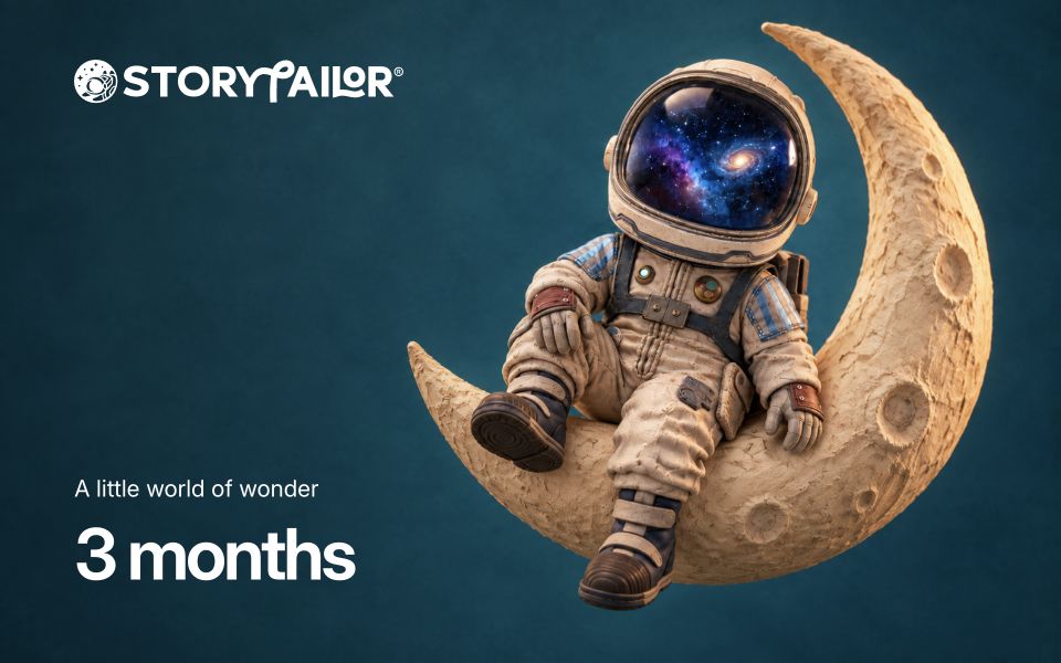 A three-month Storytailor gift card featuring Booster sitting on a crescent moon.